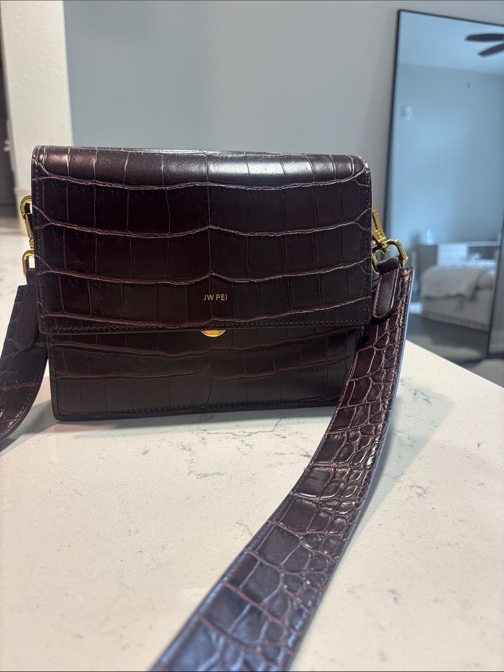 JW PEI Deep Brown Croc-Embossed Crossbody Bag